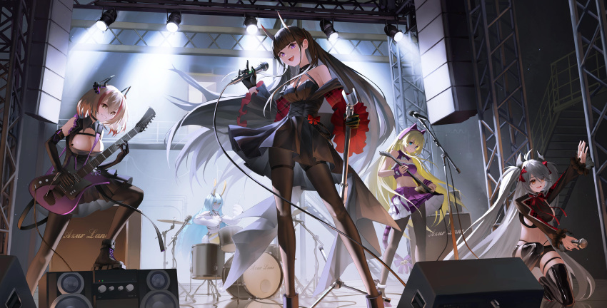 5girls absurdres azur_lane black_dress black_gloves black_hair black_pantyhose blonde_hair boise_(azur_lane) boise_(muse)_(azur_lane) breasts commentary dress drum elbow_gloves gloves grey_hair guitar highres holding holding_microphone holding_microphone_stand instrument kongou_(azur_lane) kongou_(muse)_(azur_lane) long_hair medium_breasts medium_hair microphone microphone_stand multiple_girls music noshiro_(azur_lane) noshiro_(muse)_(azur_lane) pantyhose playing_instrument prinz_eugen_(azur_lane) prinz_eugen_(muse)_(azur_lane) roon_(azur_lane) roon_(muse)_(azur_lane) singing smile speaker stage_lights standing yeyiye_(2954504619)