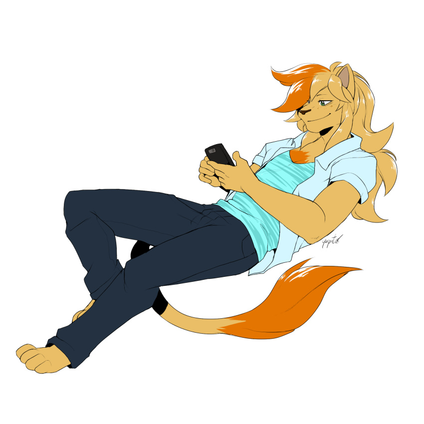 4_toes 5_fingers anthro arroyo_milori biped blonde_hair bottomwear cellphone closed_smile clothed clothing digital_drawing_(artwork) digital_media_(artwork) electronics feet felid fingers fur green_eyes hair hi_res holding_cellphone holding_object holding_phone holding_smartphone lion long_hair male mammal mouth_closed multicolored_body multicolored_fur multicolored_hair orange_body orange_fur orange_hair pantherine pants phone reclining signature simple_background smartphone smile solo toes topwear two_tone_body two_tone_fur two_tone_hair white_background yellow_body yellow_fur yogoat