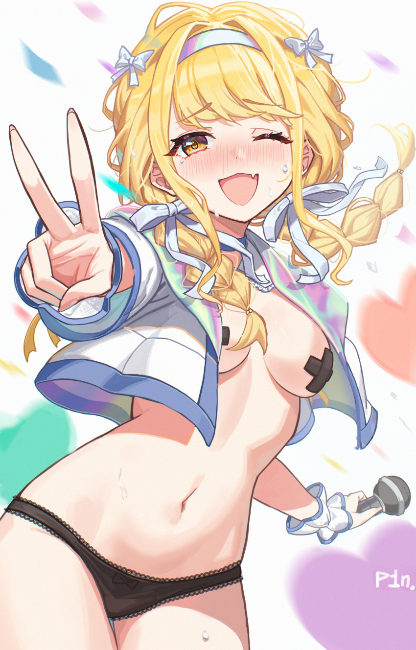 ;d absurdres artist_name black_panties blonde_hair blush braid breasts cowboy_shot female frilled_wrist_cuffs frills fujita_kotone gakuen_idolmaster groin hair_ribbon hairband highres holding holding_microphone idolmaster jacket medium_breasts microphone navel no_pants nose_blush oerba_yun_fang one_eye_closed open_clothes open_jacket open_mouth p1n panties pasties ribbon shy skin_fang smile solo sweatdrop tape tape_on_nipples tearing_up twin_braids underwear v white_hairband white_ribbon wrist_cuffs