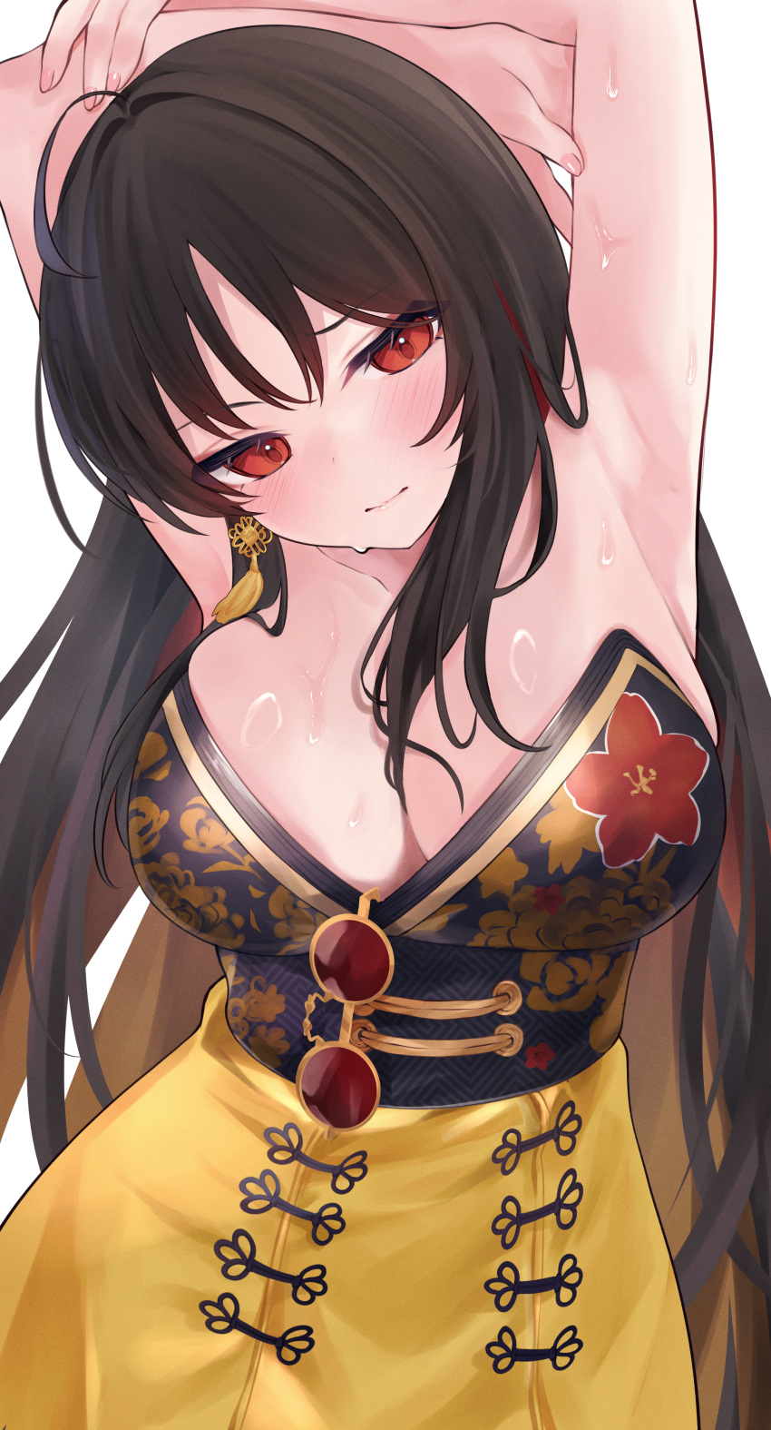 absurdres ahoge armpits arms_behind_head arms_up black_hair blush breasts brown_hair chinese_clothes cleavage closed_mouth colored_inner_hair commentary cowboy_shot earrings eyewear_hang female floral_print genmai_komeko goddess_of_victory:_nikke head_tilt highres jewelry large_breasts long_hair looking_at_viewer moran_(nikke) multicolored_hair presenting_armpit red-tinted_eyewear red_eyes red_hair round_eyewear simple_background skirt solo sunglasses sweat tassel tassel_earrings tinted_eyewear unworn_eyewear white_background yellow_skirt