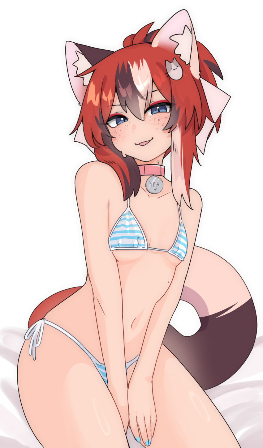 animal_ear_fluff animal_ears bikini blue_eyes breasts calico cat_ears cat_girl cat_hair_ornament cat_tail collar eyeshadow female freckles hair_ornament highres ivy_(nyaivie) looking_at_viewer makeup mole multicolored_hair nail_polish navel nyaivie open_mouth original paw_print red_hair short_hair slit_pupils small_breasts smile striped_bikini striped_clothes swimsuit tail thighs