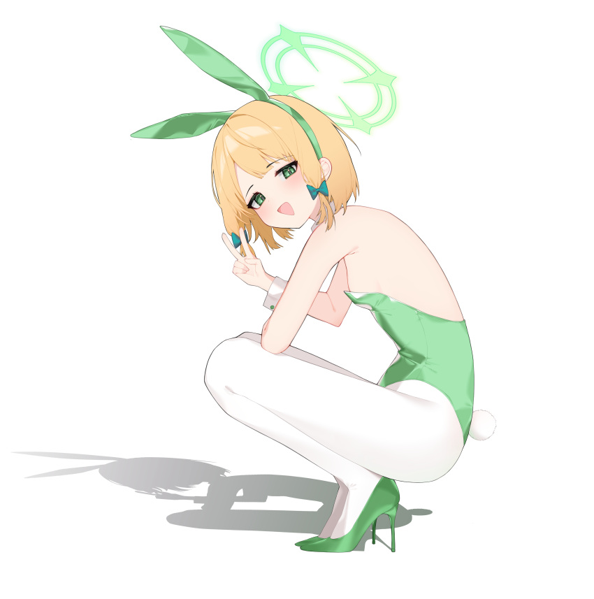 absurdres animal_ears blonde_hair blue_archive blush breasts commentary_request fake_animal_ears fake_tail female from_side green_eyes green_footwear green_halo green_leotard halo high_heels highres leotard looking_at_viewer midori_(blue_archive) open_mouth pantyhose playboy_bunny rabbit_ears rabbit_tail revision rui_p short_hair simple_background small_breasts smile solo squatting strapless strapless_leotard tail v white_background white_pantyhose wrist_cuffs