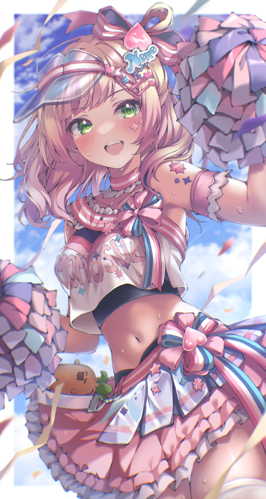 :d absent absurdres arm_garter blonde_hair blush breasts character_name cheerleader choker clothes_writing confetti crop_top female frilled_choker frilled_skirt frills green_eyes hair_ornament hairclip heart heart_hair_ornament highres holding holding_pom_poms hololive long_hair looking_at_viewer medium_breasts medium_hair midriff miniskirt momosuzu_nene momosuzu_nene_(cheerleader) navel official_alternate_costume open_mouth pink_choker pink_hair pink_skirt pom_pom_(cheerleading) shirt sideways_hat single_hair_ring skirt smile solo sticker_on_face sweat thighhighs virtual_youtuber visor_cap white_shirt white_thighhighs zettai_ryouiki