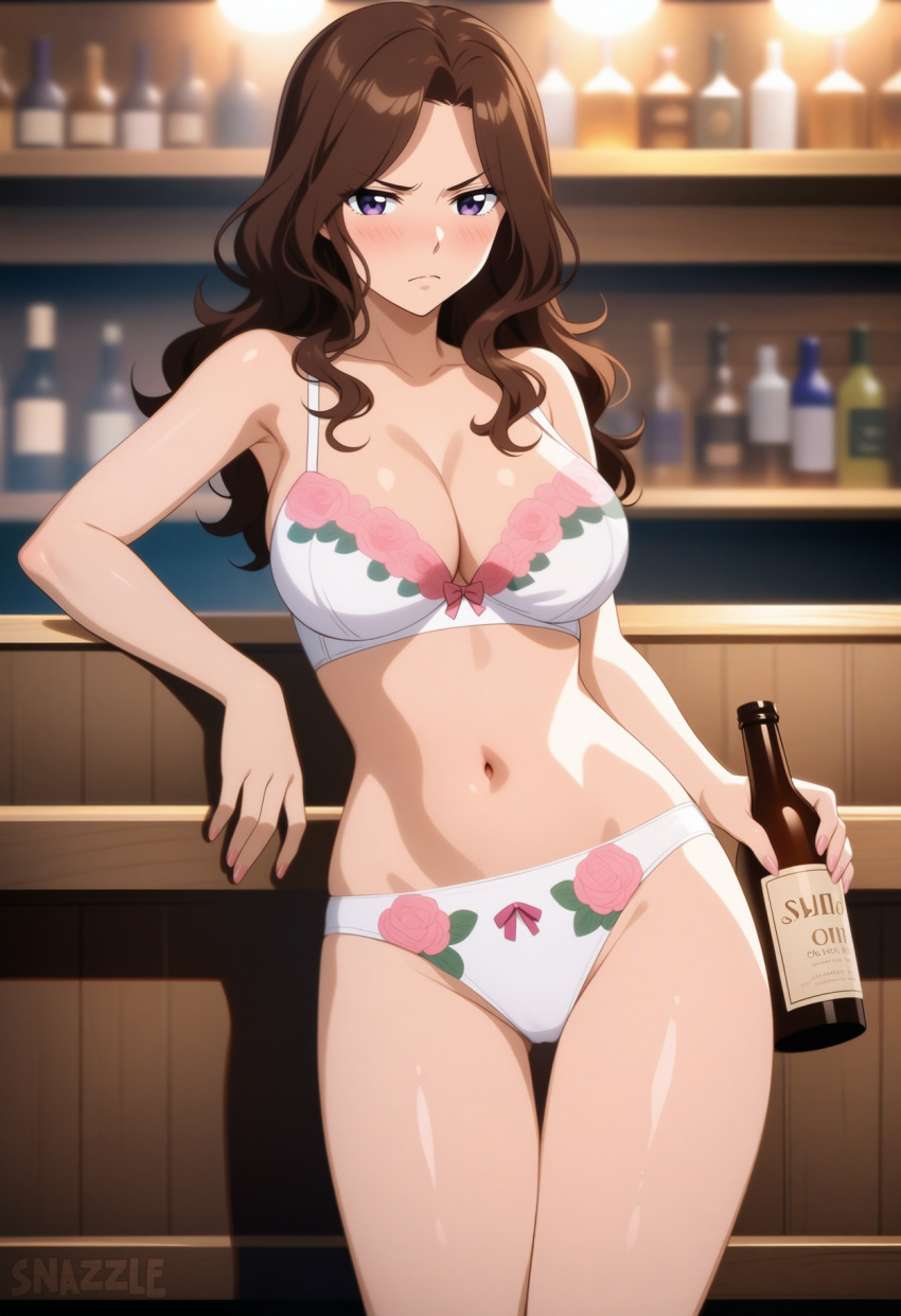 1girls ai_generated arm_support bar_(place) blush bra breasts brown_hair cana_alberona cleavage collarbone drunk eyelashes fairy_tail floral_print frown holding_bottle large_breasts long_hair looking_at_viewer navel panties pink_rose purple_eyes shelf snazzdaz snazzle solo solo_focus stable_diffusion standing thigh_gap thighs watermark wavy_hair white_lingerie