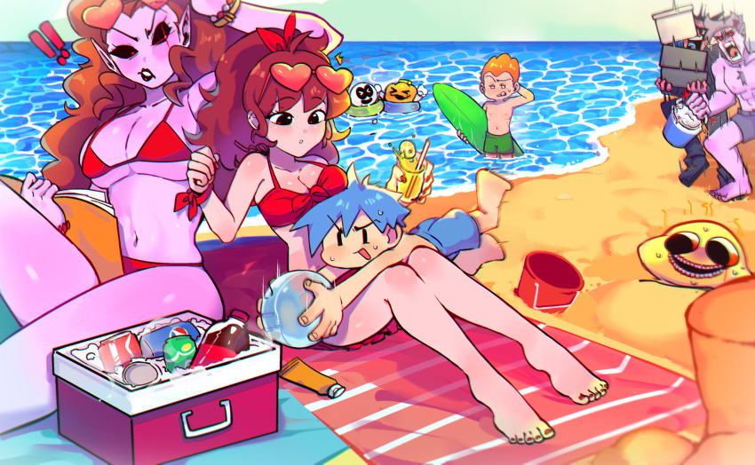 ! !! 2girls 4boys absurdres ball barefoot beach beach_towel benzbt bikini black_sclera blue_hair blush boyfriend_(friday_night_funkin') breasts can chest_hair cleavage colored_sclera colored_skin cooler cup daddy_dearest day eyewear_on_head friday_night_funkin' girlfriend_(friday_night_funkin') highres holding innertube large_breasts lipstick long_hair makeup male_swimwear medium_breasts mommy_mearest monster_(friday_night_funkin') mother_and_daughter multiple_boys multiple_girls nail_polish open_mouth orange_hair outdoors pico_(newgrounds) ponytail pump_(sr_pelo) purple_skin red_bikini red_eyes red_nails sitting skid_(sr_pelo) sky standing sunglasses sweat swim_ring swim_trunks swimsuit teeth toenail_polish toenails topless_male towel tropical_drink water