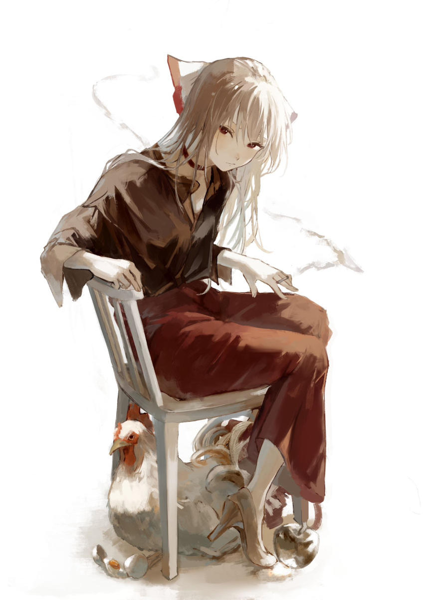 animal bird black_shirt bow brown_footwear chair chicken choker cigarette closed_mouth female from_side fujiwara_no_mokou full_body hairbow high_heels highres holding holding_cigarette light_frown long_hair long_sleeves looking_at_viewer pants red_choker red_eyes red_pants sawararado shirt simple_background sitting smoke smoking solo touhou white_background white_bow white_hair