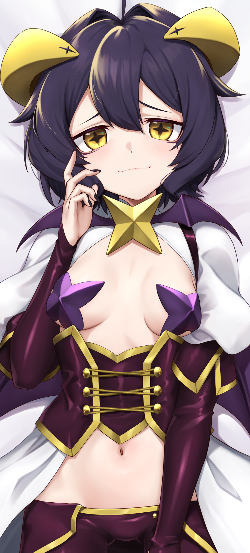 absurdres ahoge bat_brooch black_hair black_nails blush breastless_clothes breasts closed_mouth commentary_request corset cross-shaped_pupils dakimakura_(medium) female forward_facing_horns highres hiiragi_utena horns lo_xueming long_sleeves looking_at_viewer lying magia_baiser magical_girl mahou_shoujo_ni_akogarete medium_breasts midriff navel on_back pasties purple_corset purple_pasties short_hair shrug_(clothing) small_breasts smile solo star_pasties symbol-shaped_pupils yellow_eyes yellow_horns