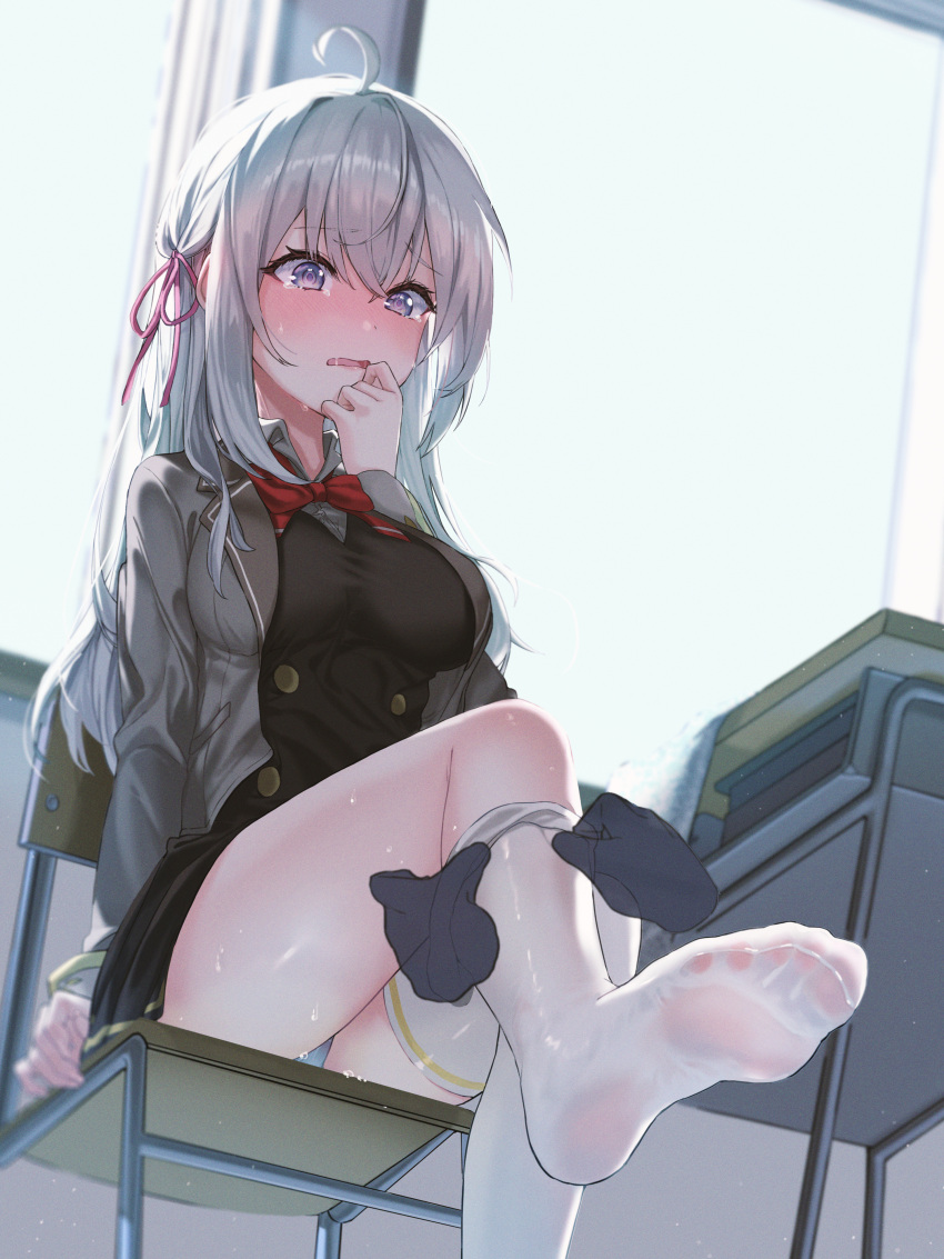 absurdres ahoge alisa_mikhailovna_kujou black_shirt black_skirt bloom blue_eyes blue_panties blush bow bowtie breasts chair crying crying_with_eyes_open desk disembodied_hand eyebrows_hidden_by_hair feet female foot_focus full-face_blush full_body gen_(hirokaz02) grey_hair grey_jacket hair_between_eyes highres jacket large_breasts long_hair looking_ahead open_mouth panties pantyshot red_bow red_bowtie saliva saliva_trail school_chair school_desk school_uniform shirt skirt soles solo_focus sweaty_clothes tears thighhighs toes tokidoki_bosotto_roshia-go_de_dereru_tonari_no_alya-san underwear white_thighhighs