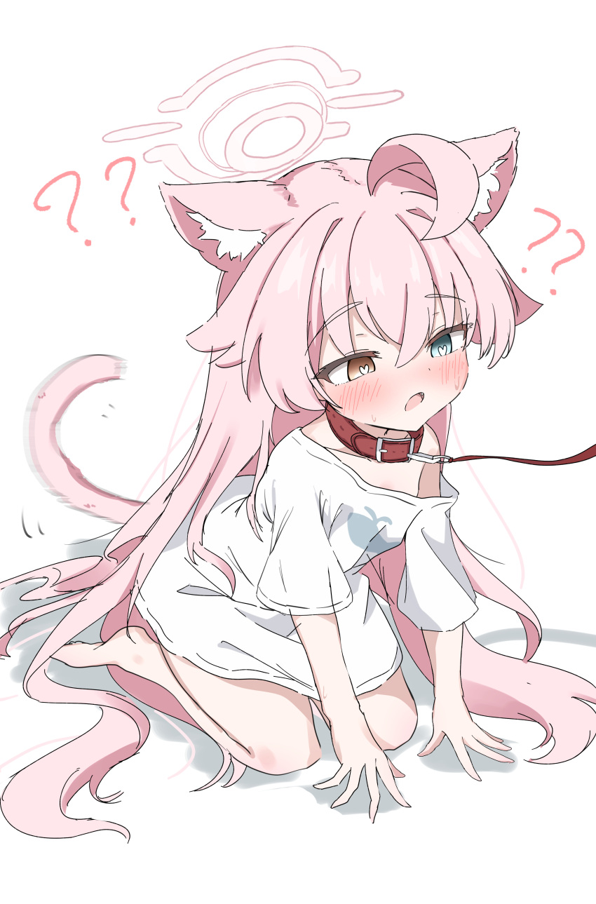 ? ?? absurdres ahoge animal_collar animal_ears animal_print barefoot blue_archive blue_eyes blush cat_ears cat_tail collar commentary_request female fish_print hair_between_eyes halo heart heart-shaped_pupils heterochromia highres hoshino_(blue_archive) kemonomimi_mode leash long_hair naked_shirt natsukari_na oerba_yun_fang open_mouth pink_hair pink_halo print_shirt seiza shirt short_sleeves single_off_shoulder sitting solo sweatdrop symbol-shaped_pupils tail very_long_hair whale_print white_background white_shirt yellow_eyes