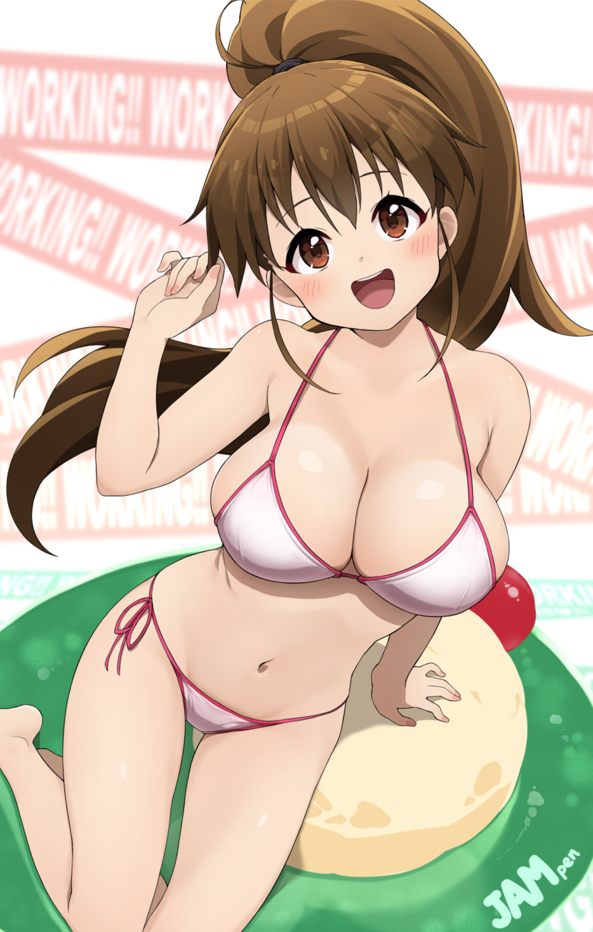 bikini breasts brown_eyes brown_hair cleavage commentary_request copyright_name female highres jampen large_breasts long_hair ponytail side-tie_bikini_bottom sitting smile solo swimsuit taneshima_popura white_bikini working!!