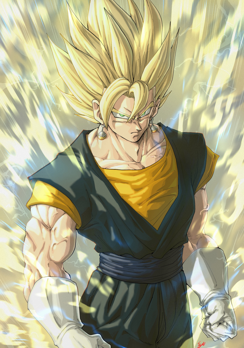 1boy absurdres aura blonde_hair clenched_hands closed_mouth commentary commentary_request dragon_ball dragon_ball_z earrings electricity green_eyes highres jewelry looking_at_viewer male_focus muscular muscular_male potara_earrings serious solo spiked_hair standing stynl_f super_saiyan super_saiyan_2 vegetto veins