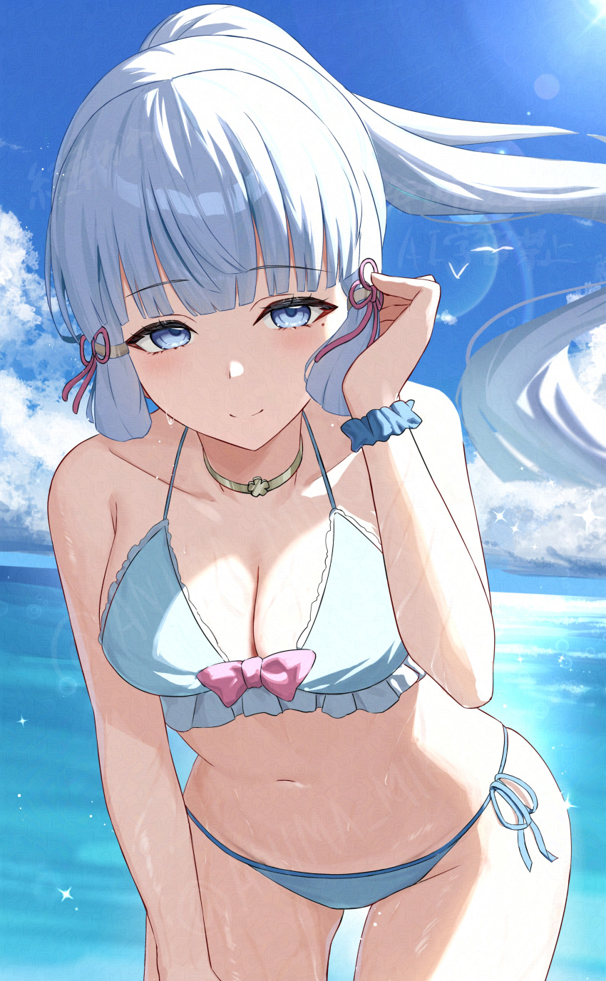 absurdres anima_miko bikini bird blue_bikini blue_eyes blue_sky blunt_bangs blunt_ends blush breasts choker cleavage cloud collarbone commentary_request day female frilled_bikini frills genshin_impact highres horizon kamisato_ayaka leaning_forward lens_flare long_hair looking_at_viewer medium_breasts mole mole_under_eye navel ocean outdoors ponytail scrunchie seagull side-tie_bikini_bottom sky smile solo swimsuit wet white_hair wrist_scrunchie