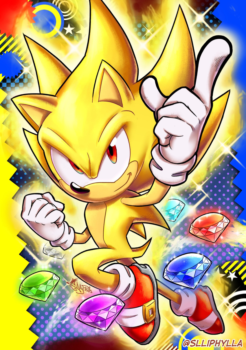 2024 absurd_res anthro chaos_emerald clothing eulipotyphlan fur gem gesture gloves hand_gesture handwear hedgehog hi_res male mammal pointing pointing_up quills_(anatomy) red_eyes sega signature slliphylla smile smiling_at_viewer solo sonic_the_hedgehog sonic_the_hedgehog_(series) super_sonic tail white_clothing white_gloves white_handwear yellow_body yellow_fur