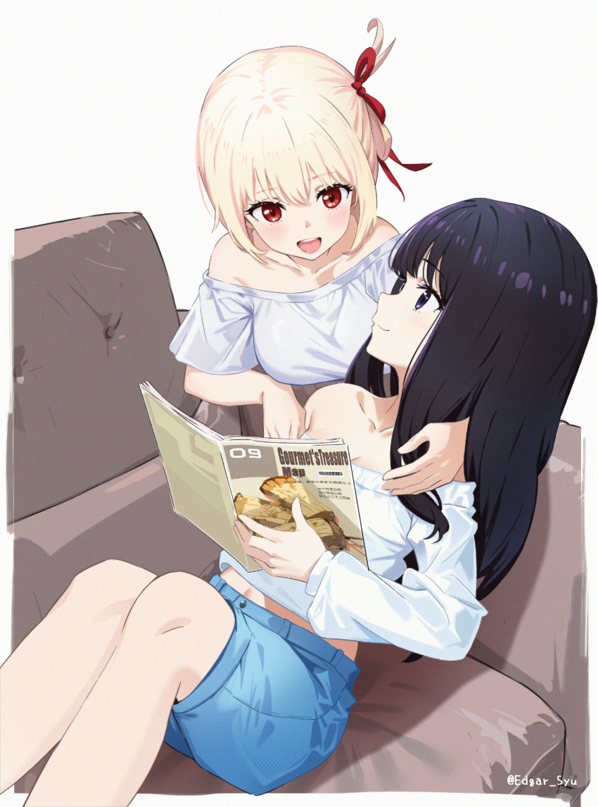 2girls absurdres arm_around_shoulder bare_shoulders black_hair blonde_hair blue_shorts blush breasts cleavage closed_mouth collarbone commentary couch edgar_syu feet_out_of_frame food hair_ribbon highres holding inoue_takina long_hair long_sleeves looking_at_another lycoris_recoil medium_breasts multiple_girls nishikigi_chisato off-shoulder_shirt off_shoulder on_couch open_mouth purple_eyes reading red_eyes red_ribbon ribbon shirt short_hair shorts simple_background single_bare_shoulder sitting smile teeth upper_teeth_only white_background white_shirt yuri