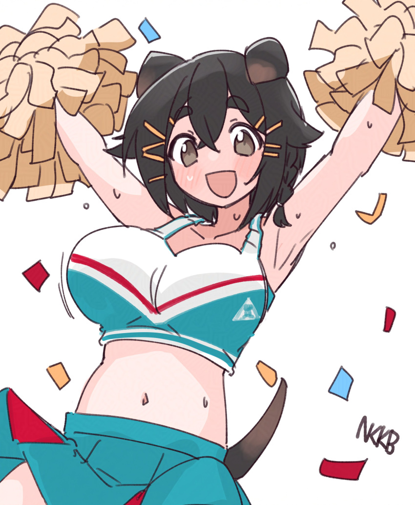 absurdres alternate_costume animal_ears arknights arms_up black_hair blush braid breasts cheerleader cleavage confetti crop_top hair_ornament hairpin highres jackie_(arknights) midriff nikukabe pom_pom_(cheerleading) side_braid simple_background skirt smile sweat sweatdrop tagme