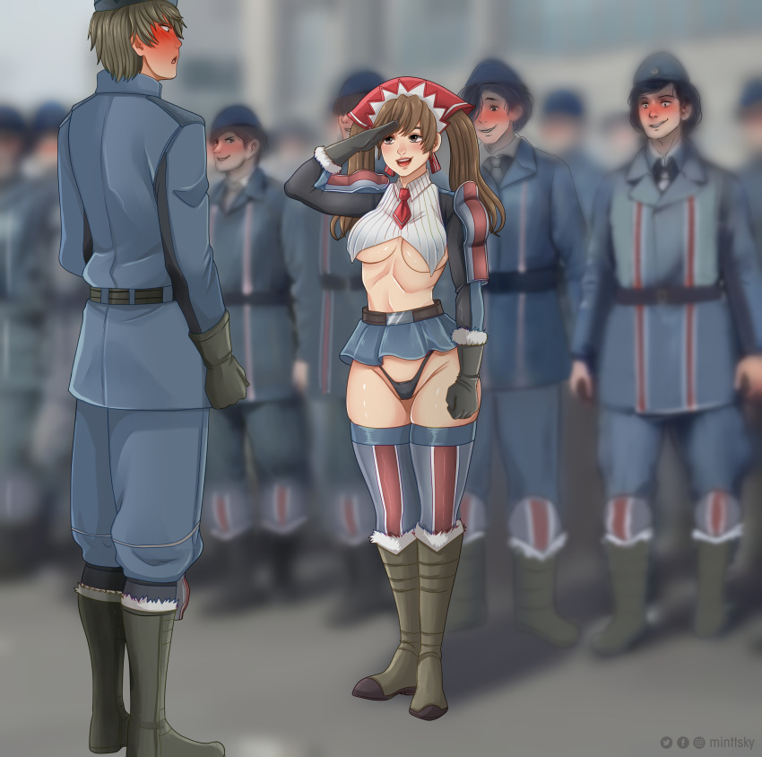 absurdres adapted_costume alicia_melchiott blush boatmormon boots breasts brown_eyes brown_hair commission female gloves highleg highleg_panties highres long_hair military military_uniform miniskirt multiple_boys necktie panties revealing_clothes salute senjou_no_valkyria_(series) senjou_no_valkyria_1 skirt smile thighhighs twintails underboob underwear welkin_gunther