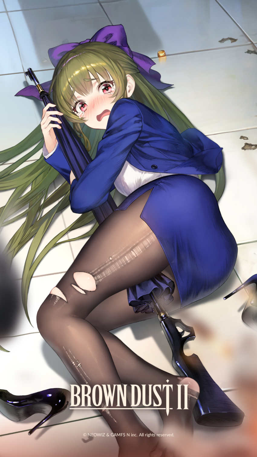 between_legs blue_jacket blue_skirt blush brown_dust_(series) brown_dust_2 brown_pantyhose close-up copyright_name crack cracked_floor crying crying_with_eyes_open female full-face_blush green_hair gun hair_ribbon high_heels highres holding holding_gun holding_weapon jacket long_hair lying office_lady official_art official_wallpaper on_ground on_side open_mouth pantyhose purple_ribbon red_eyes ribbon second-party_source seir_(brown_dust) shadow shirt skirt solo stiletto_heels tears torn_clothes torn_pantyhose umbrella_gun unworn_footwear very_long_hair weapon white_shirt