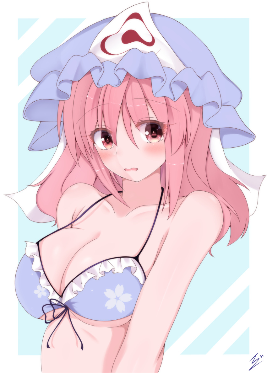 blue_background blue_bra blue_hat blush bra breasts cherry_blossom_print cleavage commentary_request female floral_print hat highres ibuibuyou large_breasts looking_at_viewer medium_hair mob_cap open_mouth pink_eyes pink_hair saigyouji_yuyuko signature solo touhou triangular_headpiece underwear upper_body