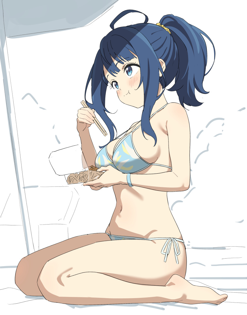 absurdres ahoge barefoot bikini blue_bikini blue_eyes blue_hair blush breasts chopsticks cleavage eating female food hair_ornament hair_scrunchie halterneck high_ponytail highres holding holding_chopsticks kneeling large_breasts make_heroine_ga_oo_sugiru! medium_hair navel noodles ponytail scrunchie short_ponytail side-tie_bikini_bottom sincos sitting solo string_bikini swimsuit thighs wariza yakisoba yanami_anna