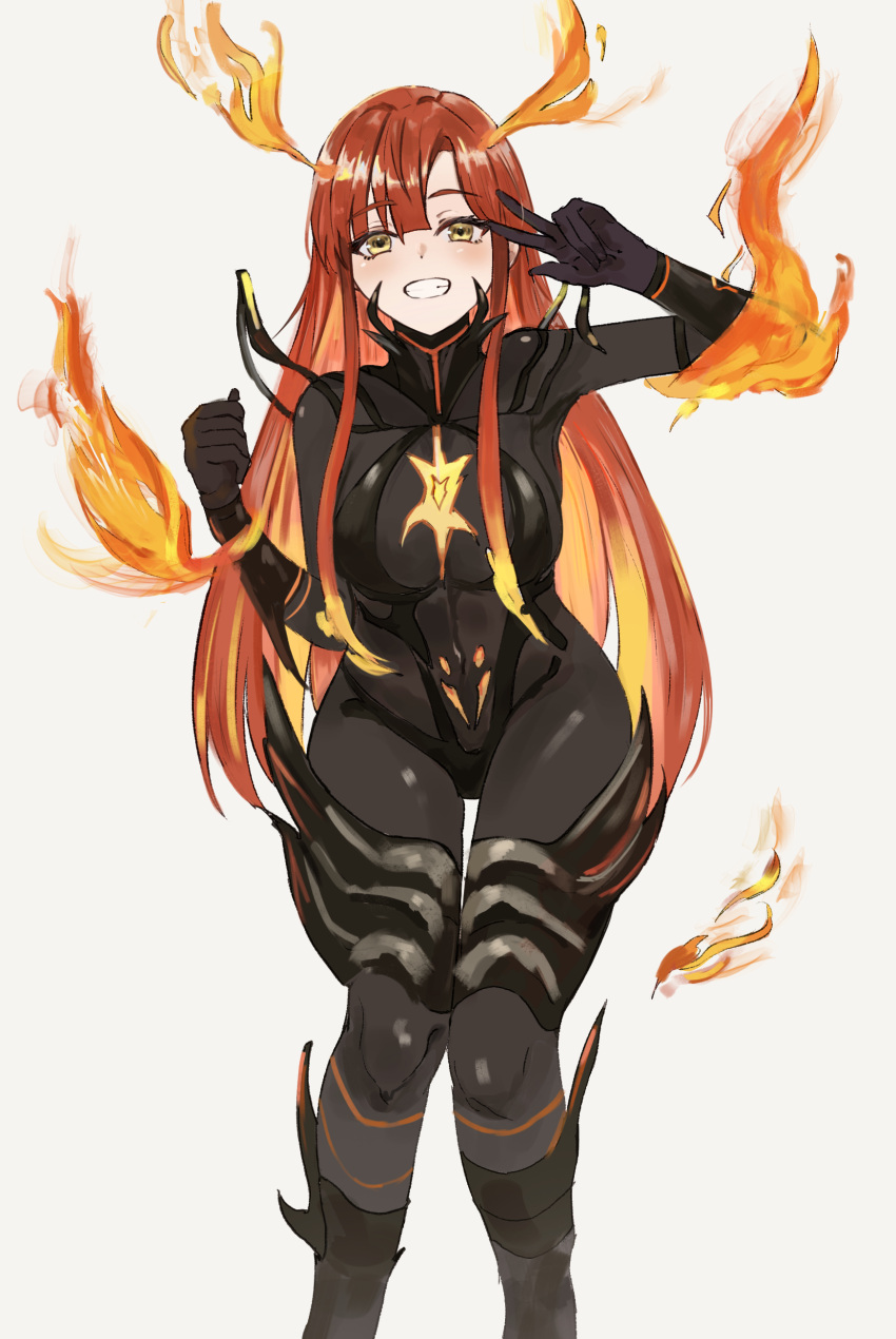 absurdres alternate_form black_bodysuit bodysuit breasts eyebrows_hidden_by_hair feet_out_of_frame female fiery_hair fire hair_between_eyes highres large_breasts long_hair looking_at_viewer machina_solege maou_2099 open_mouth pyrokinesis red_hair simple_background smile solo teeth thigh_gap v very_long_hair white_background yellow_eyes yu_xiao_(user_mwct3843)