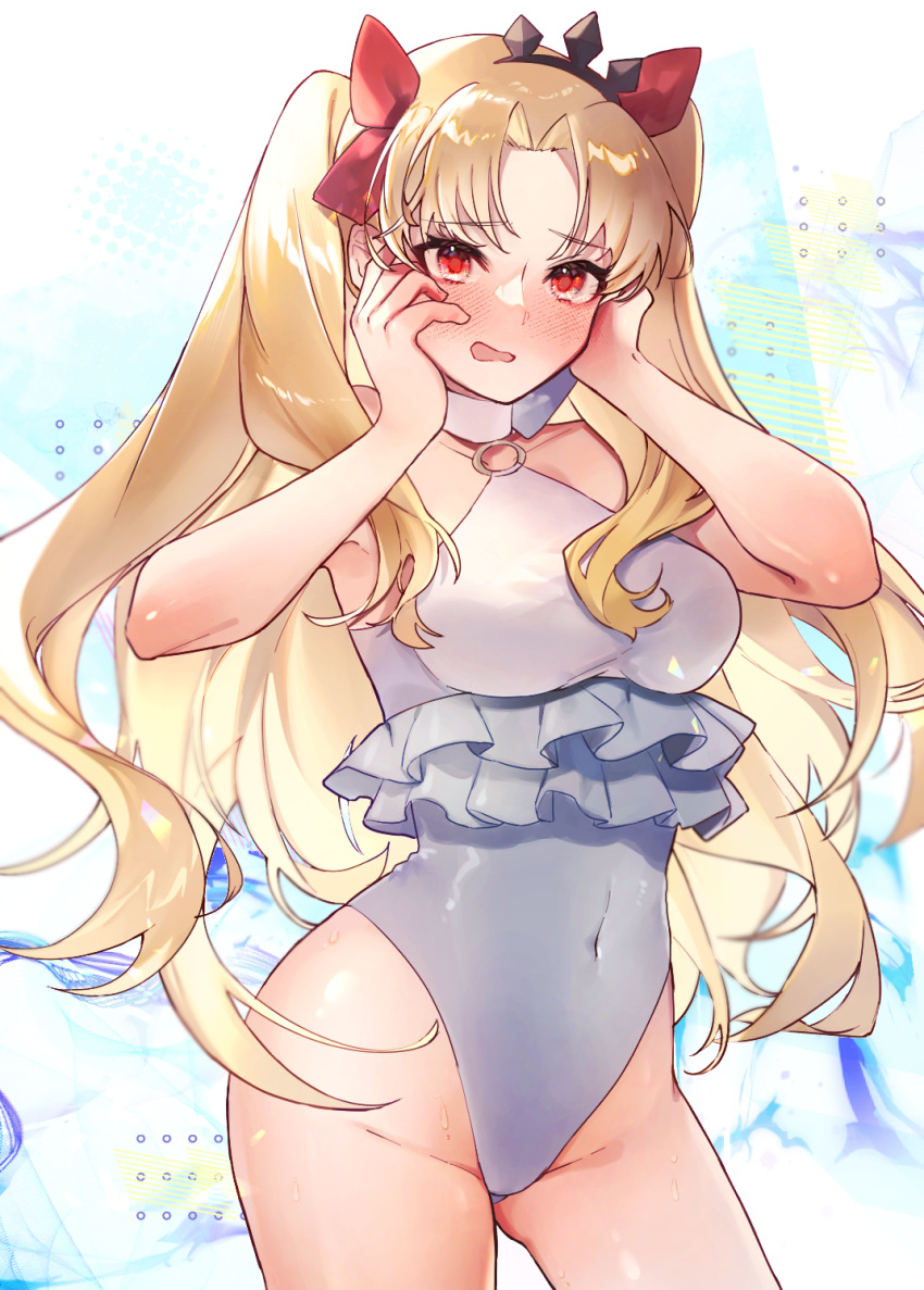 ass_visible_through_thighs bare_shoulders black_tiara blonde_hair blush breasts commentary_request covered_navel cowboy_shot embarrassed ereshkigal_(fate) fate/grand_order fate_(series) female frilled_one-piece_swimsuit frills hair_ribbon hands_on_own_face highleg highleg_one-piece_swimsuit highres looking_at_viewer mipi o-ring o-ring_swimsuit one-piece_swimsuit parted_bangs partial_commentary red_eyes red_ribbon ribbon simple_background solo space_ereshkigal_(fate) space_ereshkigal_(first_ascension)_(fate) swimsuit tiara two-tone_swimsuit two_side_up white_one-piece_swimsuit