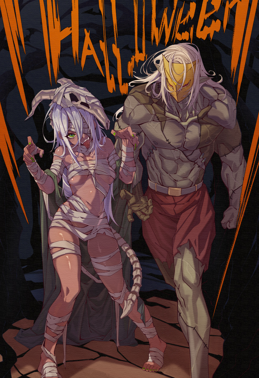 1boy absurdres bandage_over_one_eye bandages barefoot bone_tail dark_skin female grey_hair halloween happy_halloween highres looking_at_viewer mask mummy_costume muscular muscular_male nail_polish naked_bandage pigeon-toed sharp_teeth skull_on_head slay_the_spire sun_(pixiv59439101) tan teeth the_ironclad the_silent tongue tongue_out