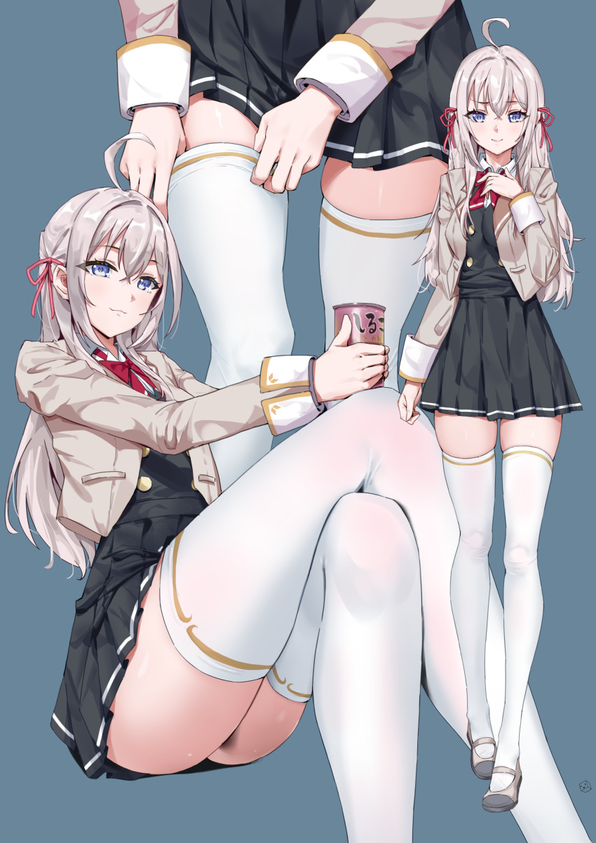 absurdres adjusting_clothes adjusting_legwear ahoge alisa_mikhailovna_kujou black_shirt black_skirt blue_background blue_eyes bow bowtie breasts brown_jacket closed_mouth crossed_legs cup eyebrows_hidden_by_hair feet_out_of_frame female full_body grey_hair hair_between_eyes hand_on_own_chest highres holding holding_cup jacket knees_up kuuhaku_(pskf2372) legs long_hair looking_at_viewer medium_breasts multiple_views red_bow red_bowtie school_uniform shirt simple_background sitting skindentation skirt smile smug thigh_focus thighhighs tokidoki_bosotto_roshia-go_de_dereru_tonari_no_alya-san white_thighhighs zettai_ryouiki