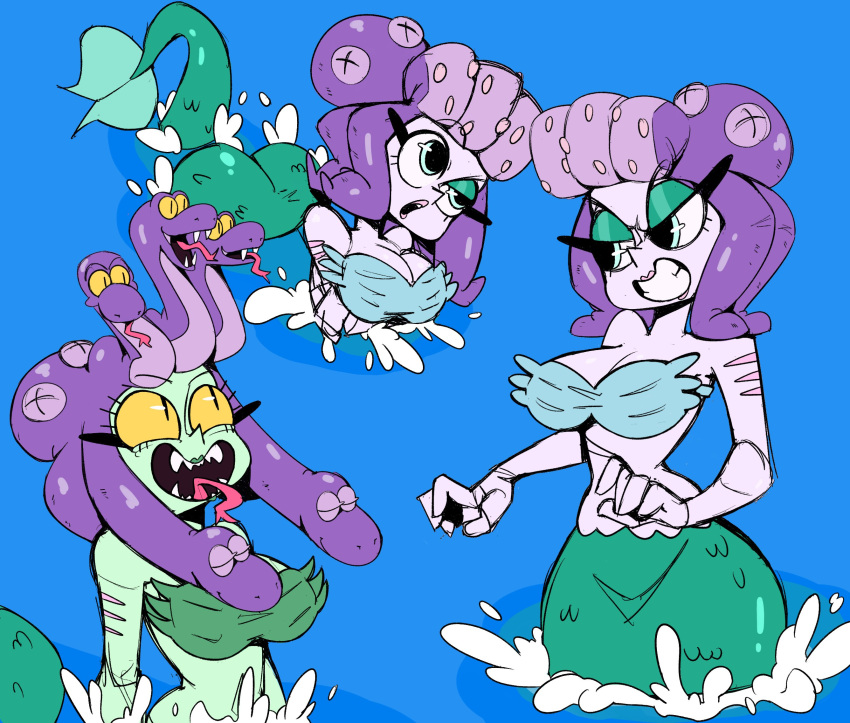 breasts cala_maria cephalopod cleavage clothed clothing coleoid cuphead_(game) dkajart female group hi_res humanoid marine merfolk mollusk octopodiform octopus open_mouth partially_submerged reptile scalie snake split_form teeth water