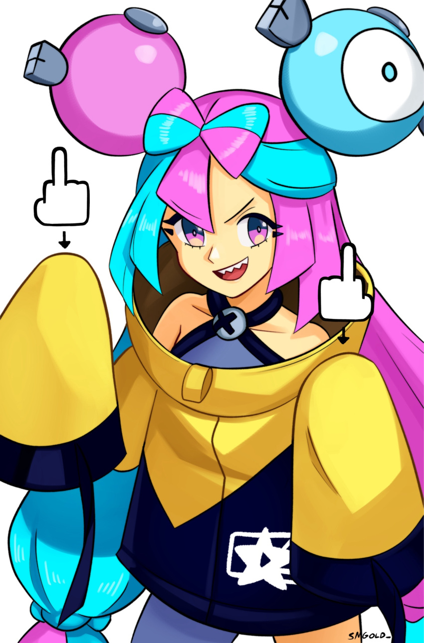 bare_shoulders blue_hair character_hair_ornament collarbone double_middle_finger female hair_ornament highres iono_(pokemon) jacket looking_at_viewer magnemite middle_finger middle_finger_emoji multicolored_hair open_mouth pink_eyes pink_hair pokemon pokemon_sv sharp_teeth simple_background single_leg_pantyhose sleeveless sleeves_past_fingers sleeves_past_wrists smgold smile solo star_(symbol) star_print teeth two-tone_hair upper_teeth_only very_long_sleeves white_background