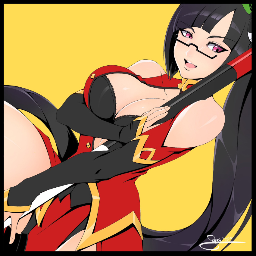 bare_shoulders black-framed_eyewear black_bra black_hair blazblue bra breasts china_dress chinese_clothes cleavage cleavage_cutout clothing_cutout dress glasses highres its_just_suppi large_breasts litchi_faye_ling long_hair looking_at_viewer pink_eyes ponytail semi-rimless_eyewear side_ponytail smile staff thighs underwear very_long_hair