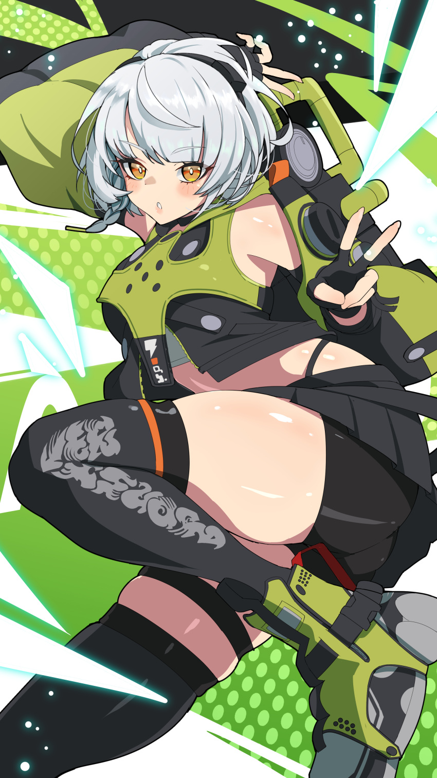 absurdres anby_demara arm_up armor black_gloves black_hairband black_skirt black_thighhighs blush braid commentary commentary_request detached_sleeves female fingerless_gloves gloves green_armor green_footwear grey_hair hair_between_eyes hairband hand_up highres looking_at_viewer medium_hair midriff open_mouth orange_eyes shoes shorts side_braid sidelocks skirt solo thick_thighs thigh_strap thighhighs thighs two-tone_vest v yamada_otonari zenless_zone_zero zettai_ryouiki