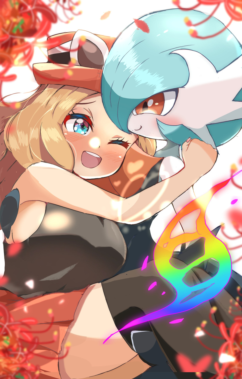 ;d absurdres alternate_color bare_shoulders black_shirt black_thighhighs blonde_hair blue_eyes blush breasts carrot_summer carrying eyelashes eyewear_on_headwear female fingernails flower furrowed_brow gardevoir hat heart highres large_breasts long_hair mega_evolution_symbol mega_gardevoir mega_pokemon one_eye_closed pokemon pokemon_(creature) pokemon_xy princess_carry red_flower red_hat red_skirt red_spider_lily round_teeth serena_(pokemon) shiny_pokemon shirt sideboob simple_background skirt sleeveless sleeveless_shirt smile spider_lily sunglasses teeth thighhighs upper_teeth_only white-framed_eyewear white_background zettai_ryouiki