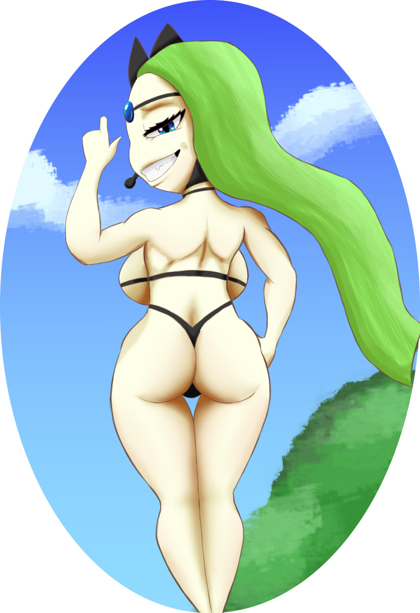 absurd_res anthro ass big_breasts big_butt bikini blue_eyes breasts clothing cloud female gem generation_5_pokemon gesturing_at_viewer green_hair hair hi_res humanoid legendary_pokemon meloetta nintendo plant pokemon pokemon_(species) short_stack shrub sky smile solo swimwear thesnapperxxx two-piece_swimsuit