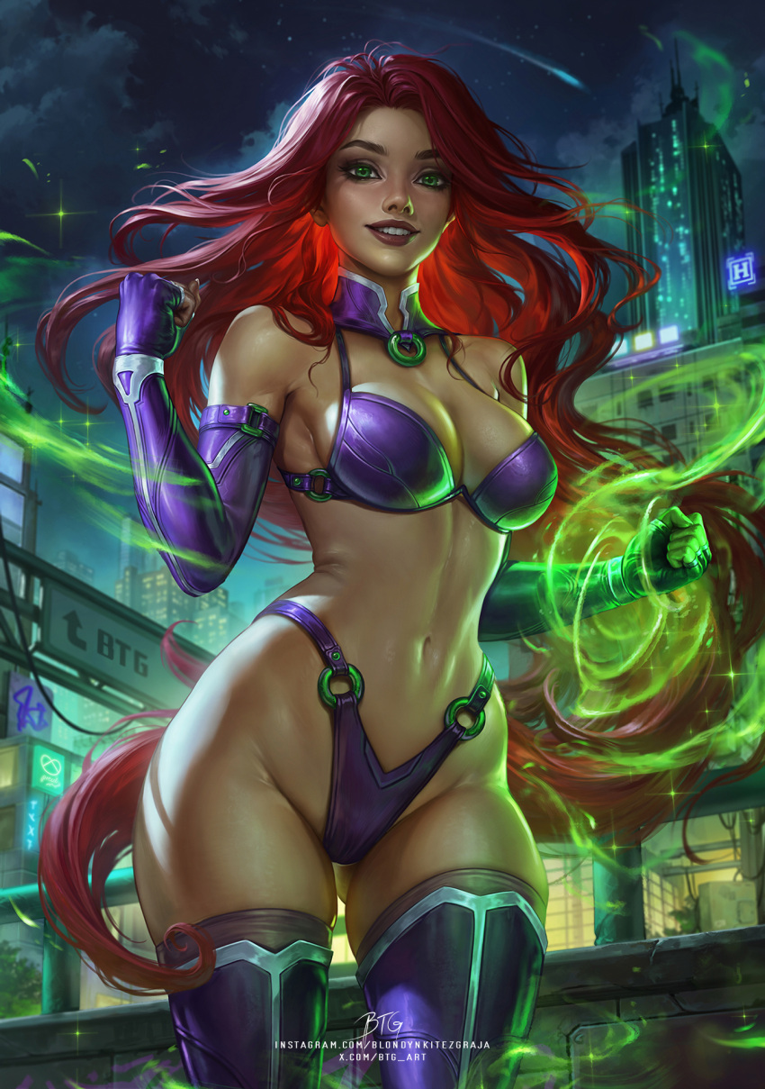 bikini blondynkitezgraja breasts city cleavage dc_comics elbow_gloves female gloves green_eyes highres long_hair looking_at_viewer magic medium_breasts navel night night_sky parted_lips purple_bikini purple_gloves red_hair sky smile solo starfire swimsuit teen_titans very_long_hair