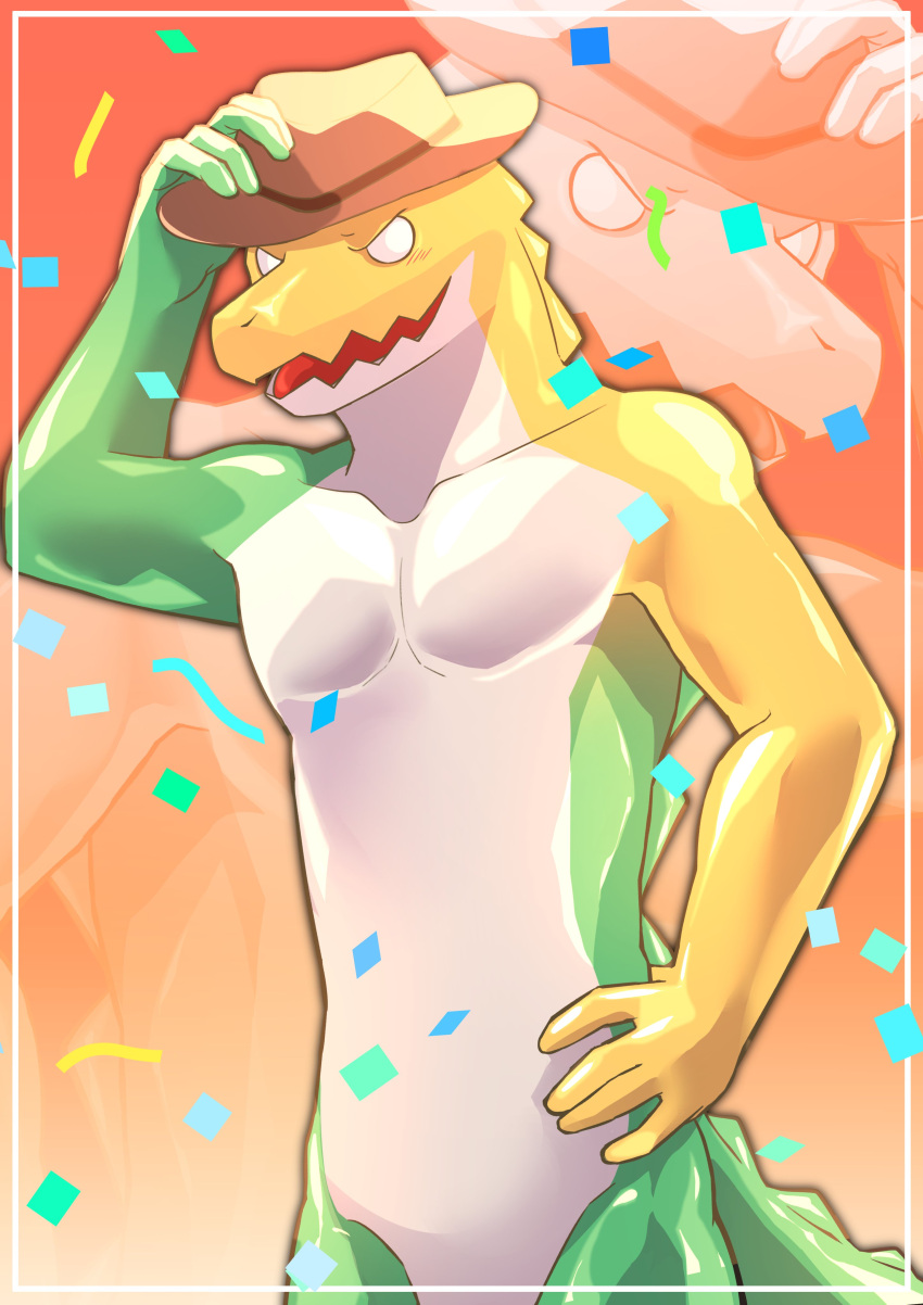 absurd_res anthro blush blush_lines clothing confetti crocodile crocodilian featureless_chest glitch_productions green_body green_tail gummigoo_(tadc) hand_on_chest hand_on_hat hat hat_only headgear headgear_only headwear headwear_only hi_res looking_at_viewer male male_anthro mostly_nude open_mouth potato_12_13 reptile scalie slim_anthro slim_male solo spiked_tail spikes spikes_(anatomy) tail the_amazing_digital_circus tongue yellow_body