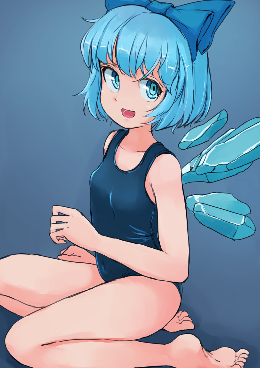 :d absurdres bare_arms bare_legs barefoot blue_background blue_bow blue_eyes blue_hair blue_one-piece_swimsuit bow breasts cirno eyebrows_hidden_by_hair female gradient_background hairbow hand_up highres ice ice_wings looking_at_viewer looking_to_the_side lower_teeth_only one-piece_swimsuit open_mouth scottie0521 shadow short_hair simple_background sitting small_breasts smile solo swimsuit teeth toes touhou wariza wings