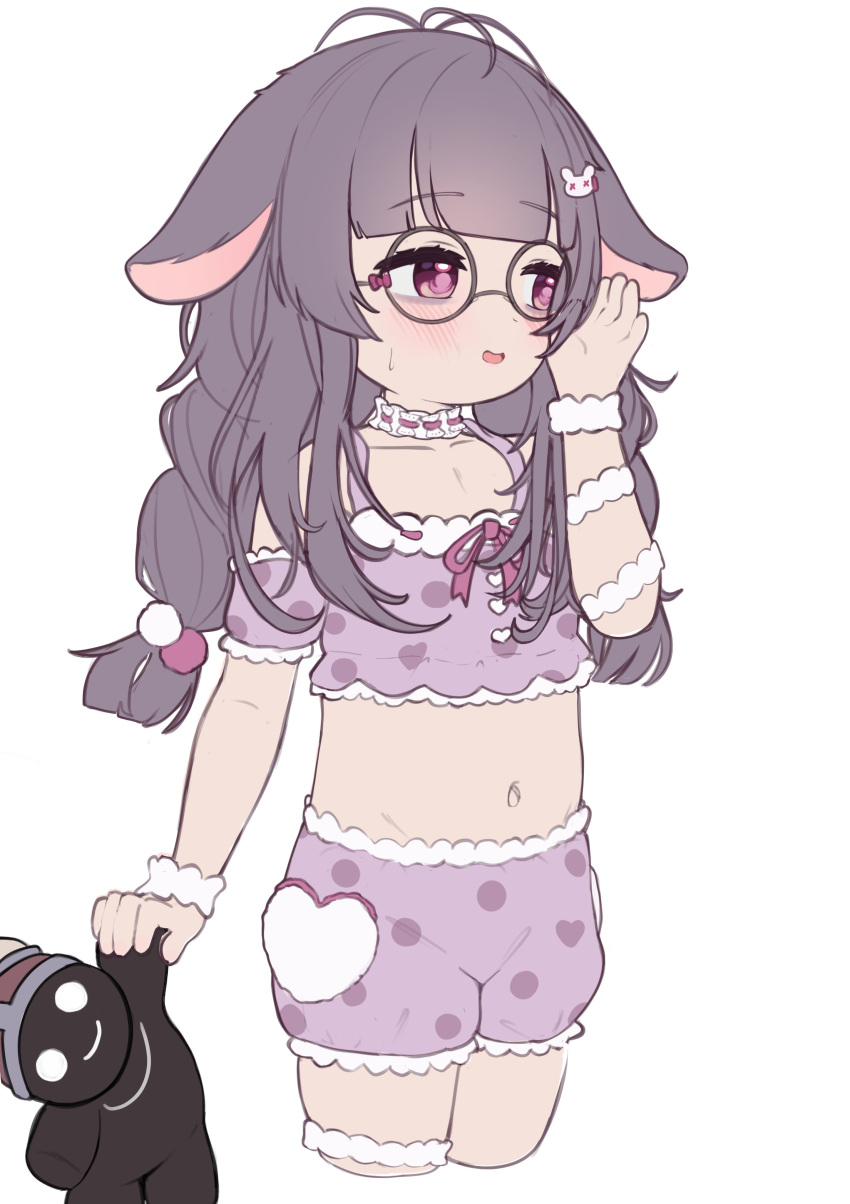 absurdres animal_ears averting_eyes bags_under_eyes blush braid choker crybabyglo fallenshadow fallenshadow_(pajamas) female flat_chest frilled_choker frilled_shirt frilled_shorts frilled_wristband frills glasses hair_ornament hairpin hand_on_own_face hand_up heart_ornament highres holding holding_stuffed_toy indie_virtual_youtuber lolicon lop_rabbit_ears low_twin_braids navel official_alternate_costume official_alternate_hairstyle pajamas pink_eyes pink_pajamas purple_hair rabbit_ears rabbit_hair_ornament ribbon round_eyewear shirt shorts simple_background stuffed_toy triple_ahoge twin_braids virtual_youtuber white_background