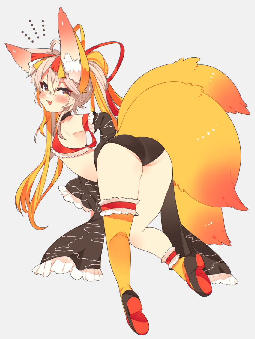 ahoge all_fours animal_ear_fluff animal_ears ass bikini bikini_top_only black_footwear black_panties black_sleeves blush breasts brown_eyes brown_hair detached_sleeves female fox_ears fox_girl fox_tail from_behind highres kneepits legs long_hair looking_back multiple_tails no_pants open_mouth orange_socks orange_thighhighs original panties red_bikini ribbon shoes single_sock single_thighhigh small_breasts smile socks solo swimsuit tail thighhighs thighs toconikky twintails underwear