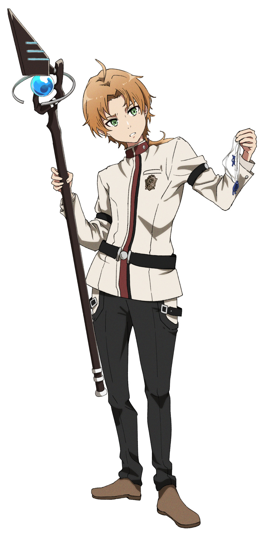 1boy absurdres belt black_pants brown_hair confused full_body green_eyes head_tilt highres holding holding_panties holding_staff holding_underwear holding_unworn_clothes jacket looking_at_object mage_staff medium_hair morime mushoku_tensei open_mouth panties pants ranoa_magic_academy_school_uniform rudeus_greyrat school_uniform simple_background solo staff underwear unworn_panties white_background white_jacket