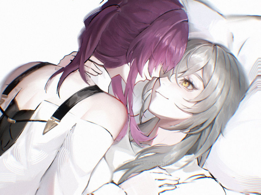 2girls closed_mouth commentary english_commentary grey_hair hand_on_another's_neck hand_on_another's_shoulder highres honkai:_star_rail honkai_(series) kafka_(honkai:_star_rail) long_hair multiple_girls off-shoulder_shirt off_shoulder ponytail purple_hair rokibent shirt smile stelle_(honkai:_star_rail) trailblazer_(honkai:_star_rail) white_shirt yellow_eyes yuri