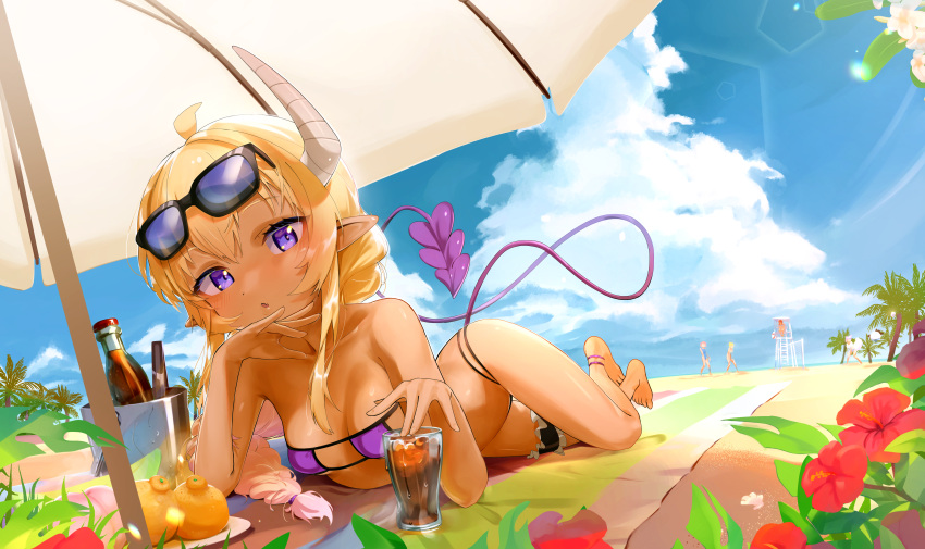 absurdres ahoge barefoot beach beach_towel beach_umbrella bikini blonde_hair blue_sky braid breasts broken_horn cola condensation cup demon_girl demon_horns demon_tail drinking_glass eltir eyewear_on_head female food from_below fruit highres horns ice_bucket lilith_(machikado_mazoku) long_hair looking_at_viewer lying machikado_mazoku micro_bikini oerba_yun_fang orange_(fruit) palm_tree purple_bikini purple_eyes seaside single_braid skin_fang sky sunglasses swimsuit tail tan tanning towel tree tropical umbrella