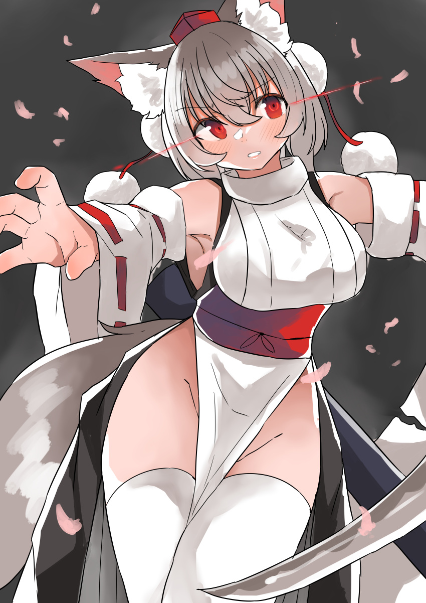 absurdres animal_ears bare_shoulders breasts female grey_background highres holding holding_sword holding_weapon inubashiri_momiji japanese_clothes katana kourindou_tengu_costume large_breasts looking_at_viewer no_panties open_mouth petals red_eyes regua short_hair simple_background solo sword thighhighs thighs touhou weapon white_hair white_sleeves white_thighhighs wolf_ears wolf_girl