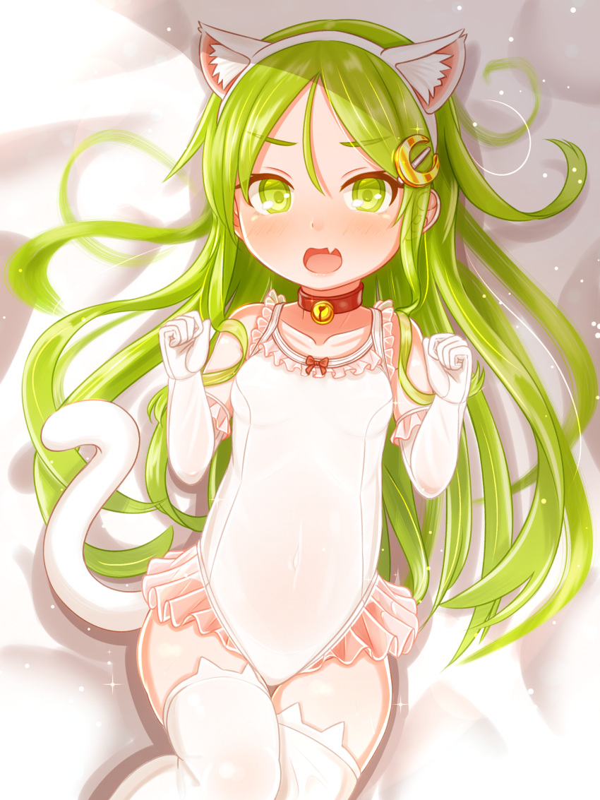 absurdres alternate_costume animal_ears bed_sheet bell blush cat_ears cat_tail clenched_hands collarbone crescent crescent_hair_ornament elbow_gloves fake_animal_ears female gloves green_eyes green_hair hair_ornament highres jingle_bell kantai_collection long_hair nagatsuki_(kancolle) oerba_yun_fang open_mouth skin_fang solo suzushiro_(gripen39) tail thighhighs white_gloves white_thighhighs