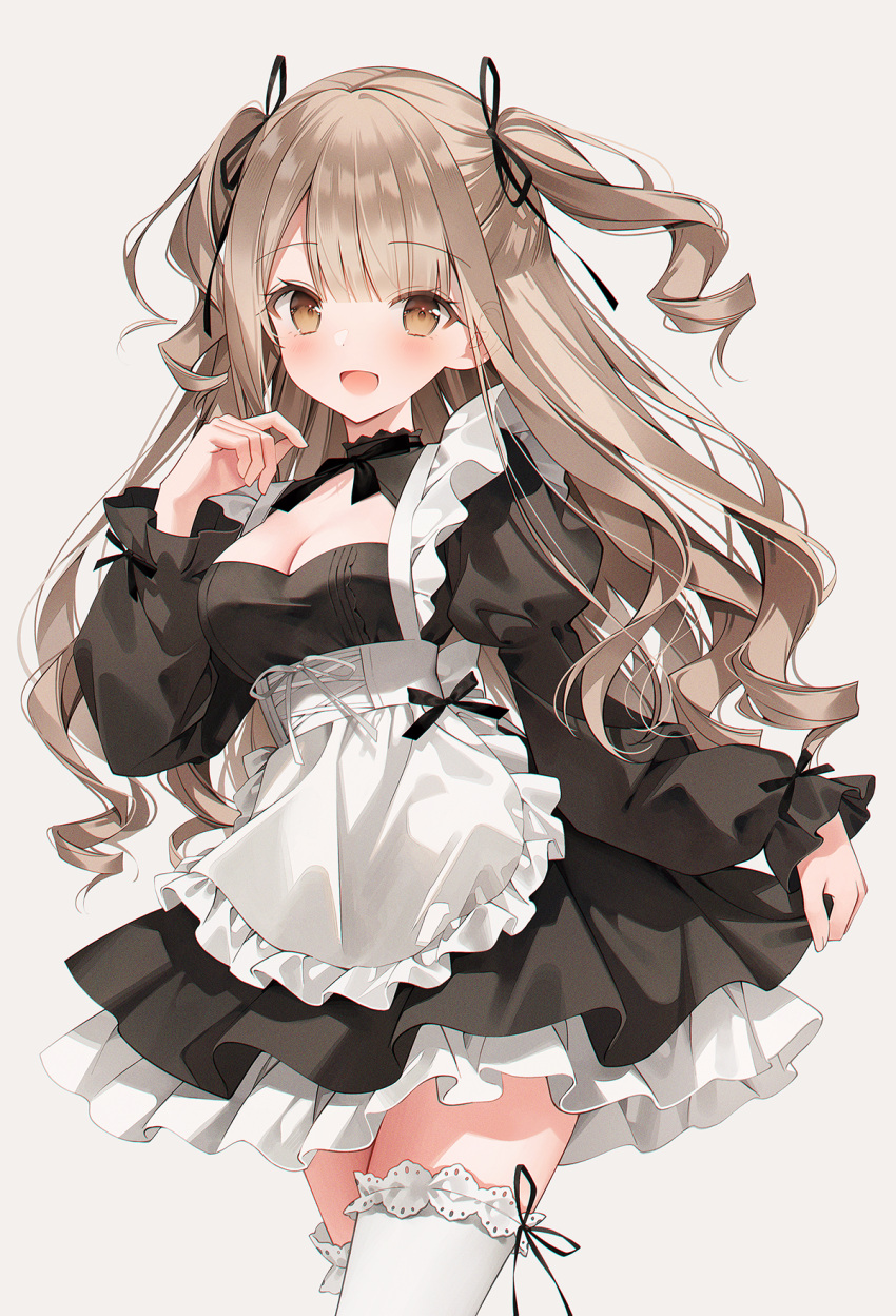 apron arm_up black_apron black_skirt blonde_hair blush breasts cleavage commentary cowboy_shot dress drill_hair eyes_visible_through_hair female frilled_thighhighs frills hair_ribbon high_collar highres large_breasts leg_ribbon light_blush long_hair long_sleeves looking_at_viewer looking_to_the_side open_mouth original parted_bangs pleated_dress pleated_skirt ribbon simple_background skirt smile solo symbol-only_commentary thighhighs thighs weri white_dress