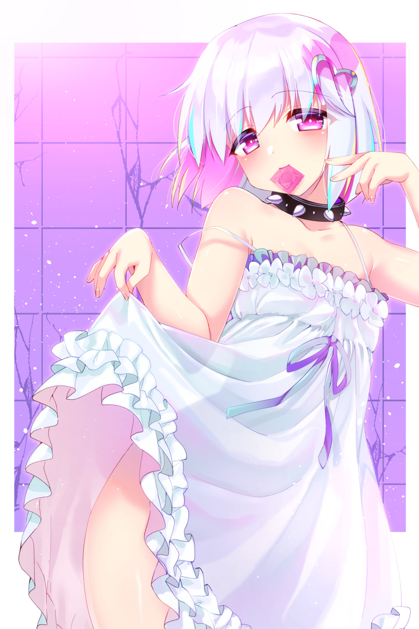 bare_arms bare_shoulders black_collar blue_hair bright_pupils clothes_lift collar collarbone condom condom_in_mouth condom_wrapper dohna_dohna_issho_ni_warui_koto_o_shiyou dress dress_lift eyes_visible_through_hair female fingernails hair_ornament heart heart_hair_ornament highres lifting_own_clothes light_blue_hair looking_at_viewer mouth_hold multicolored_hair nanami_neru pink_eyes pink_hair porno_(dohna_dohna) purple_ribbon ribbon see-through see-through_dress short_hair smile solo spiked_collar spikes strap_slip white_dress white_hair white_pupils