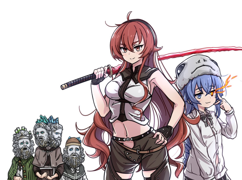 1boy 4girls albinauric_(elden_ring) blue_eyes blue_hair bow bowtie breasts brown_shorts crossed_bangs elden_ring eris_greyrat glowing glowing_eye hat headband helmet heterochromia holding holding_sword holding_weapon katana lara_greyrat long_hair looking_at_viewer maohanabi medium_breasts midriff multiple_girls mushoku_tensei navel over_shoulder raya_lucaria_sorcerer red_eyes red_hair roxy_migurdia rudeus_greyrat severed_head shirt shorts simple_background sleeveless sleeveless_shirt small_breasts sword sword_over_shoulder sylphiette_(mushoku_tensei) weapon weapon_over_shoulder