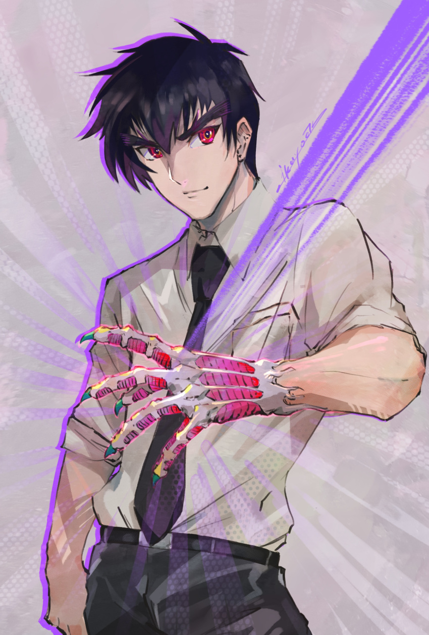 1boy absurdres belt black_hair black_necktie claws green_nails hair_between_eyes highres ikuyoan jigoku_sensei_nube male_focus necktie nueno_meisuke signature sleeves_rolled_up solo