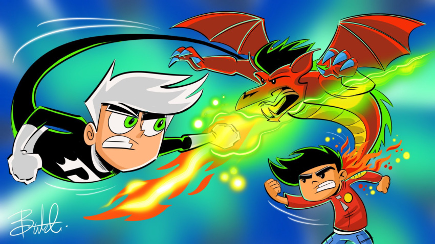 16:9 american_dragon:_jake_long black_eyes black_hair blue_background breath_powers butch_hartman danny_fenton danny_phantom death_battle disney dragon duo elemental_manipulation fight fire fire_breathing fire_manipulation ghost green_eyes green_hair hair hi_res highlights_(coloring) human jake_long male mammal mythological_creature mythological_scalie mythology nickelodeon red_body red_scales scales scalie simple_background spirit white_hair widescreen yellow_body yellow_scales