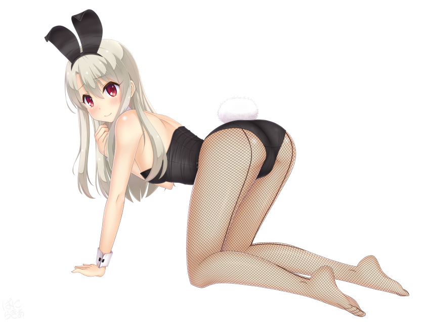 absurdres all_fours animal_ears ass back-seamed_legwear black_leotard blonde_hair commentary_request fake_animal_ears fate/kaleid_liner_prisma_illya fate_(series) female fishnet_pantyhose fishnets highres illyasviel_von_einzbern leotard long_hair looking_at_viewer pantyhose playboy_bunny rabbit_ears rabbit_tail red_eyes sainohikari seamed_legwear simple_background smile solo strapless strapless_leotard tail white_background wrist_cuffs