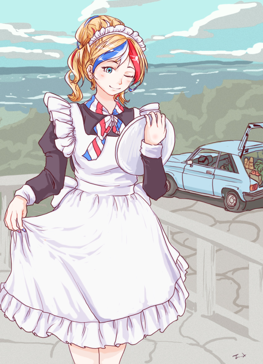 alternate_costume apron black_dress blonde_hair blue_hair blue_sky car cloud commandant_teste_(kancolle) commentary_request cowboy_shot day dress enmaided female frilled_apron frills highres kantai_collection landscape long_hair looking_at_viewer maid motor_vehicle multicolored_hair outdoors peugeot peugeot_104_z ponytail railing red_hair skirt_hold sky solo streaked_hair swept_bangs thrux wavy_hair white_apron white_hair